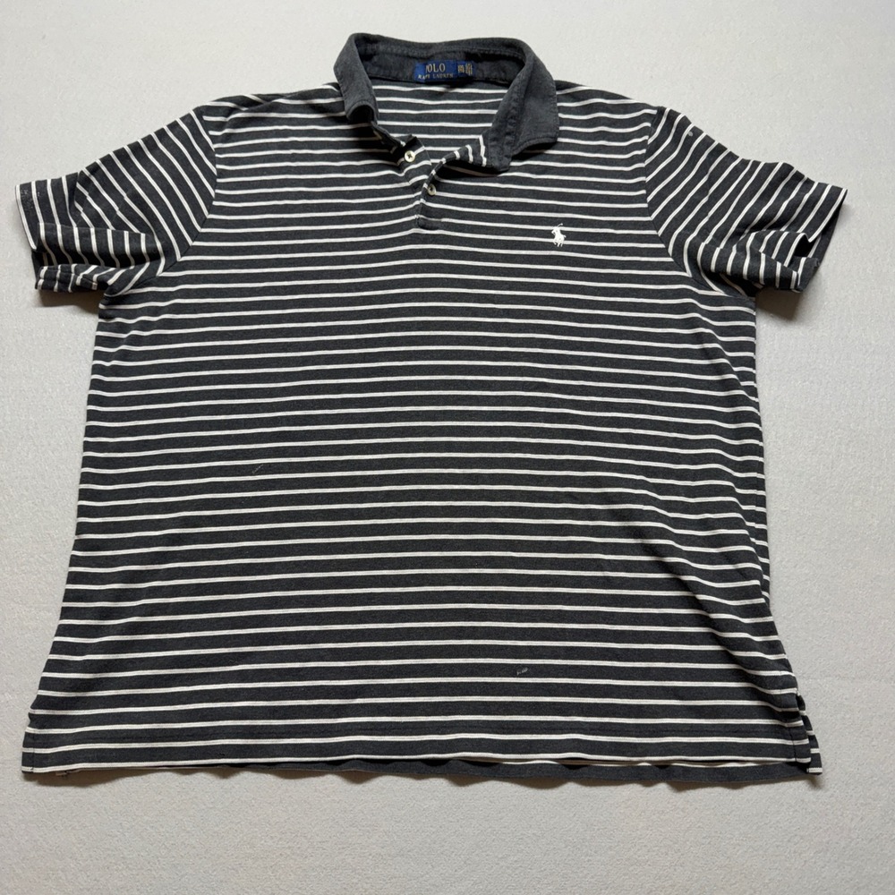 Polo Ralph Lauren Mens XXL Grey White Striped Short Sleeve Cotton Polo Shirt